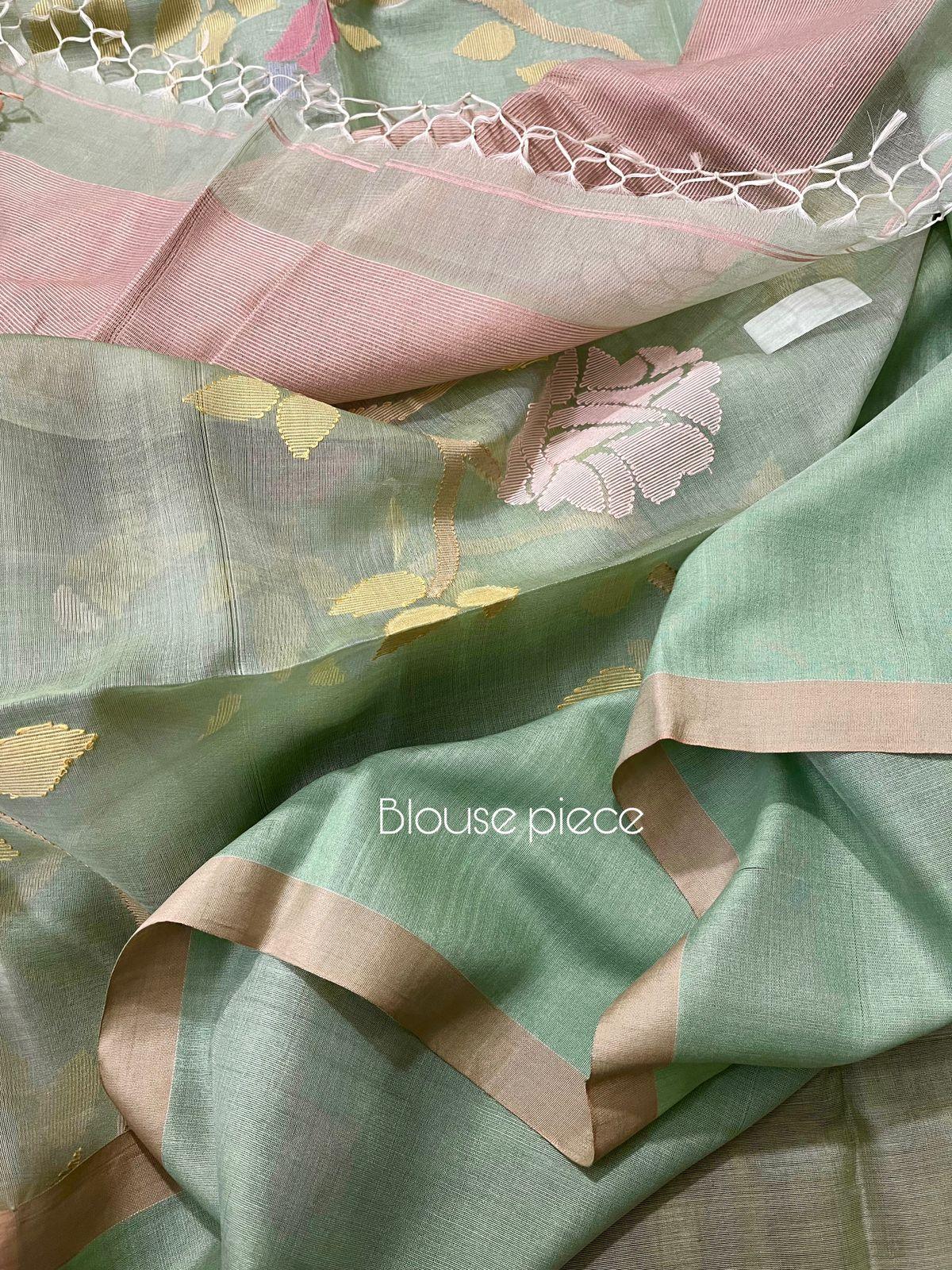 Oliver green with multi colour allover rose motifs handwoven muslin silk jamdani saree - Tamal Boutique