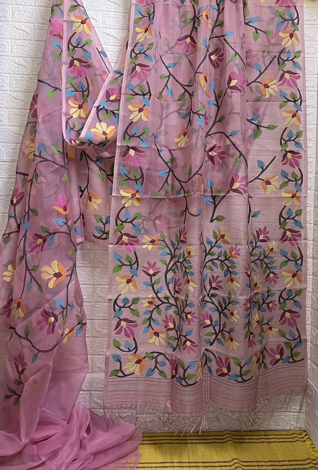 Onion pink with multicolour muslin silk allover floral handwoven jamdani saree - Tamal Boutique