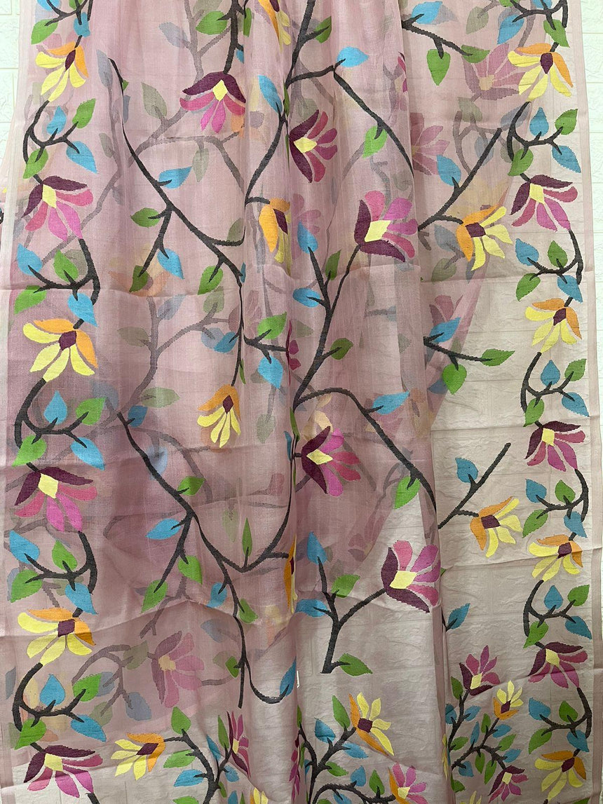 Onion pink with multicolour muslin silk allover floral handwoven jamdani saree - Tamal Boutique