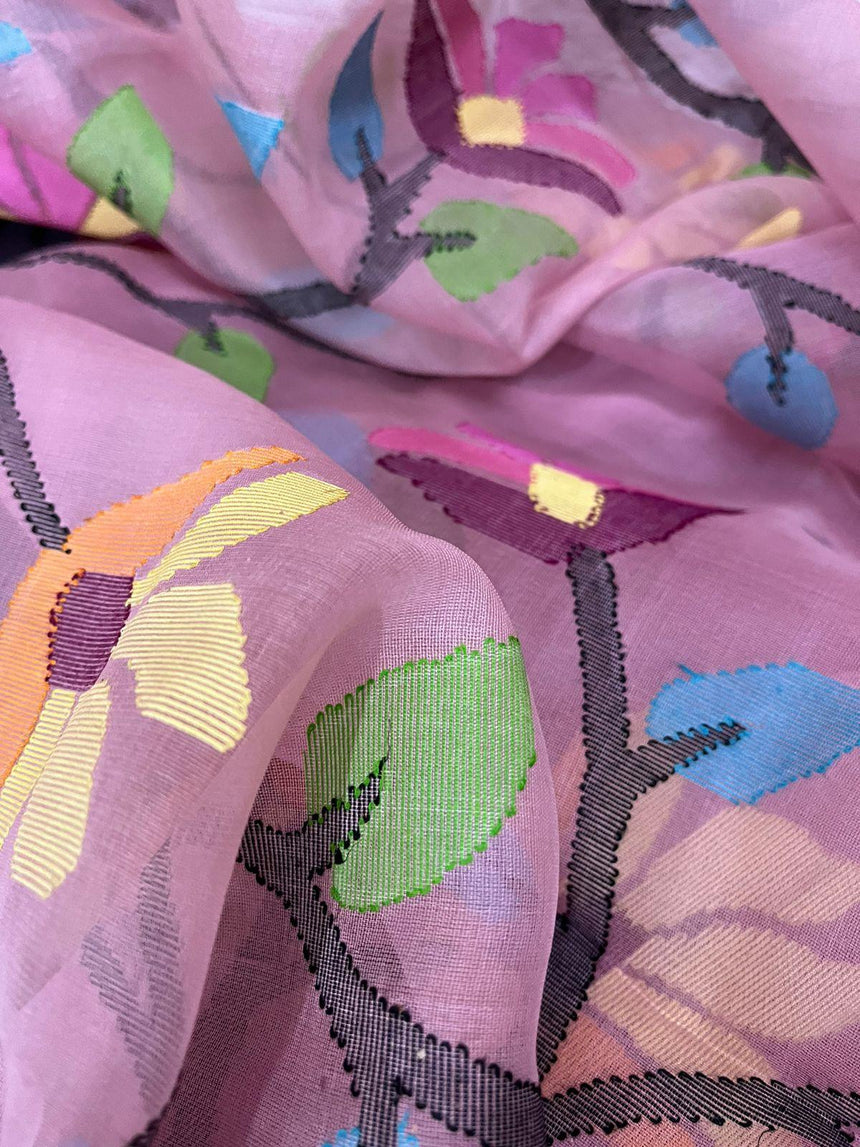 Onion pink with multicolour muslin silk allover floral handwoven jamdani saree - Tamal Boutique