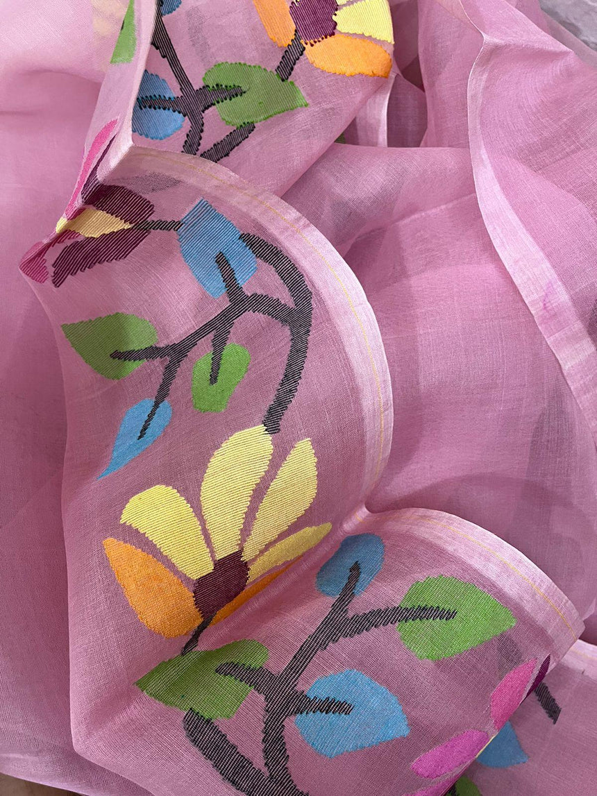 Onion pink with multicolour muslin silk allover floral handwoven jamdani saree - Tamal Boutique