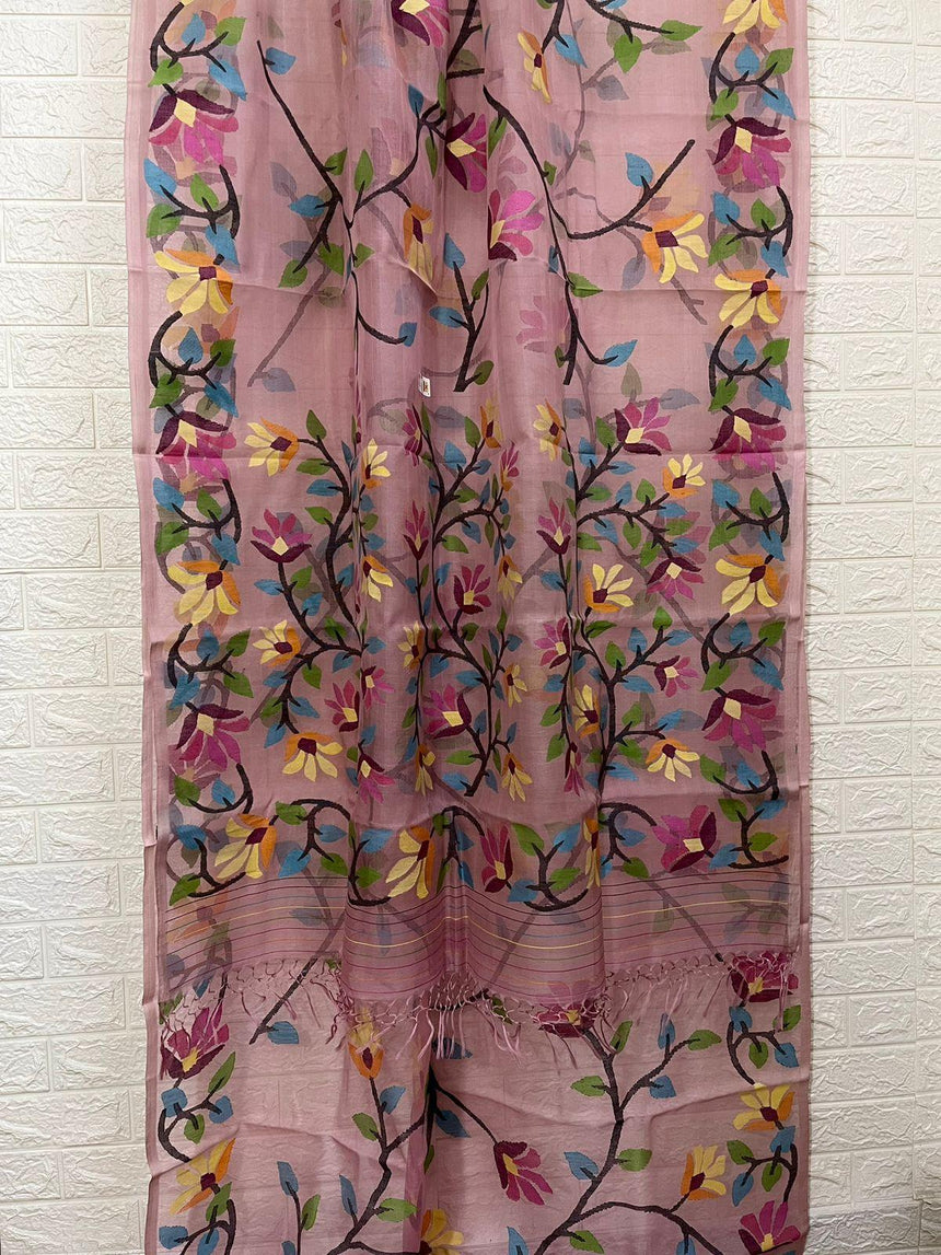 Onion pink with multicolour muslin silk allover floral handwoven jamdani saree - Tamal Boutique