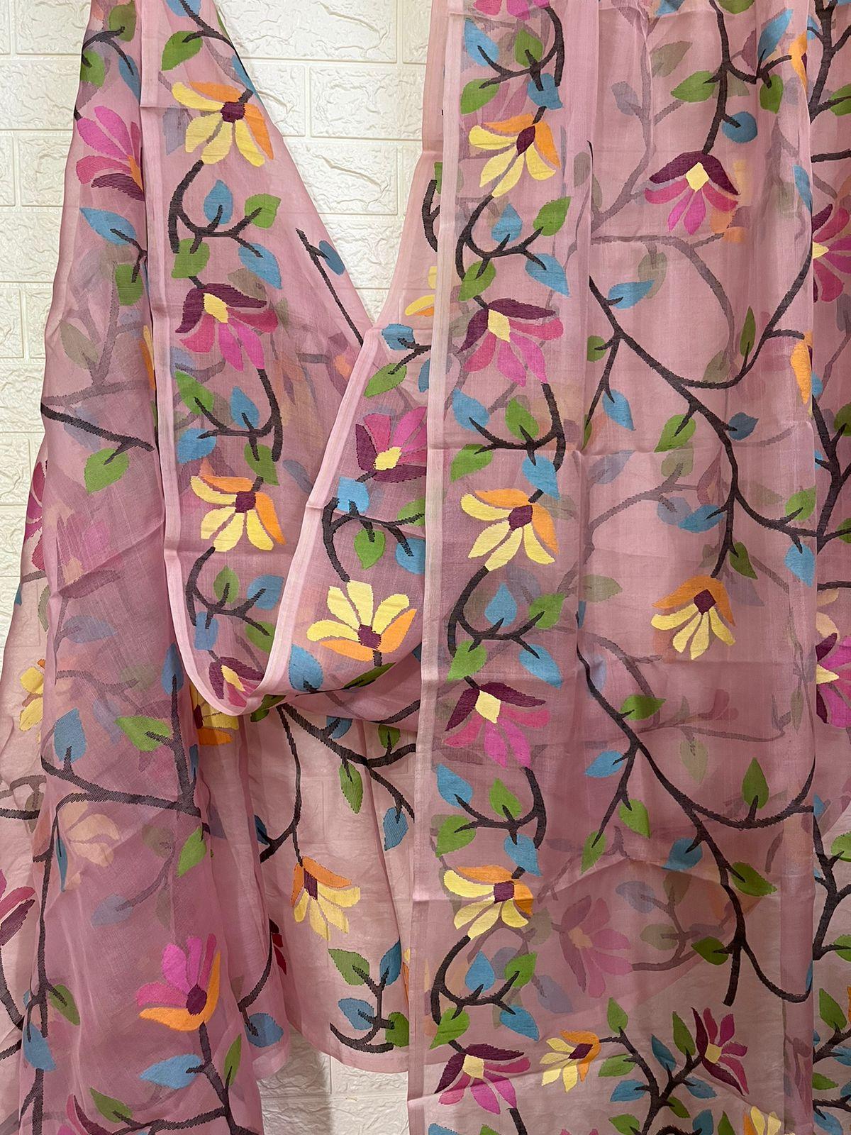 Onion pink with multicolour muslin silk allover floral handwoven jamdani saree - Tamal Boutique