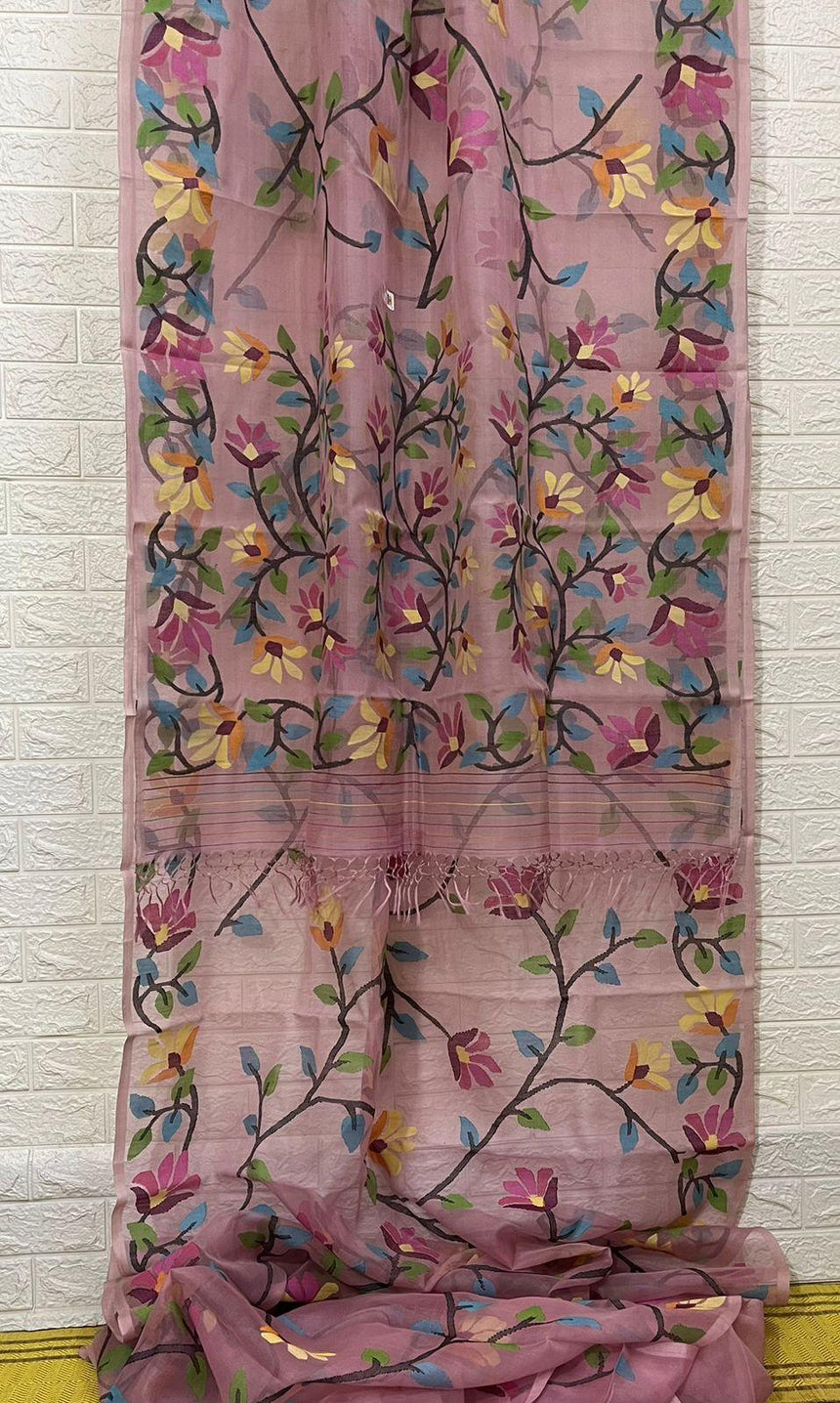 Onion pink with multicolour muslin silk allover floral handwoven jamdani saree - Tamal Boutique