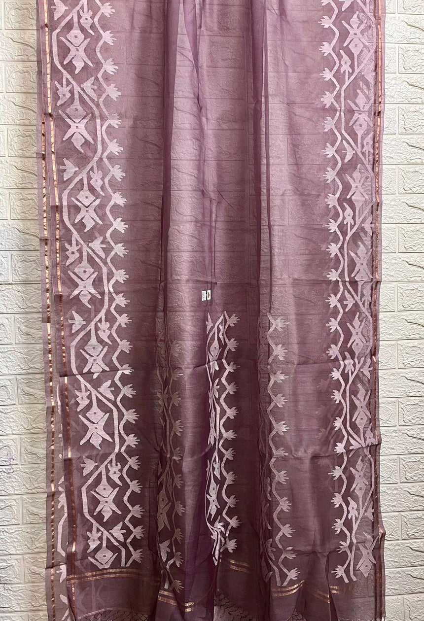 Onion pink with white dhakai muslin silk handwoven jamdani saree - Tamal Boutique