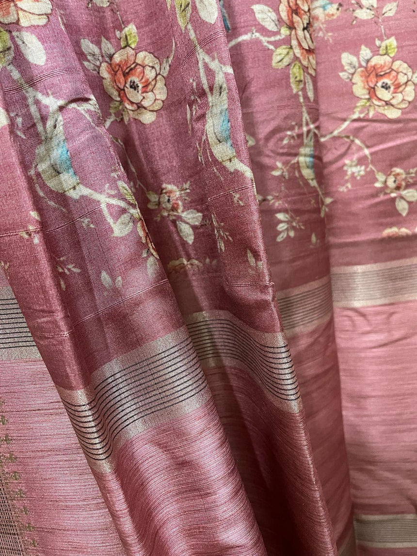 Onion pink with zari border cotton tussar painted handloom saree - Tamal Boutique