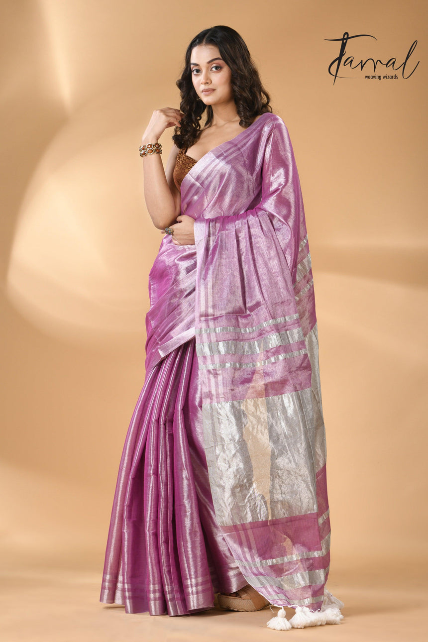 Onion silver tissue handloom saree
