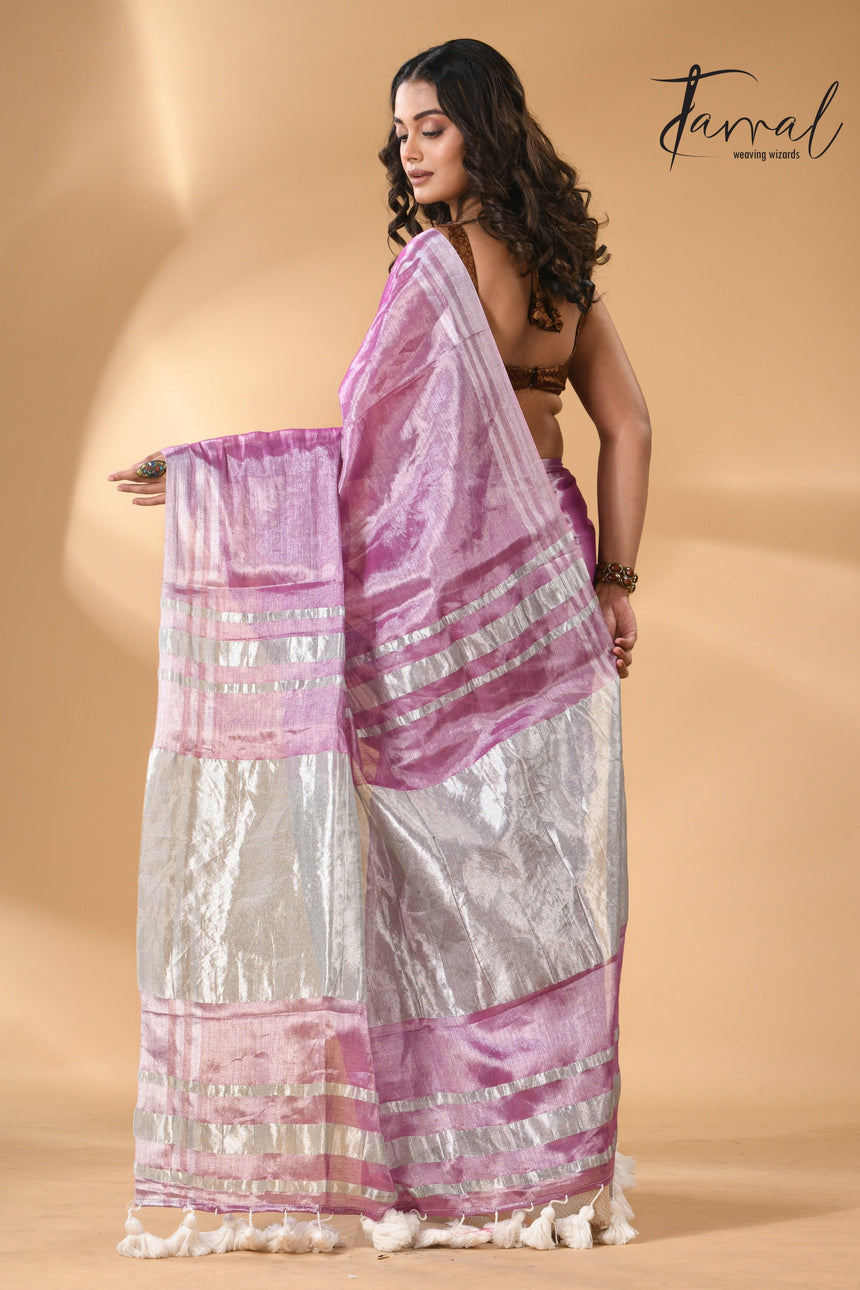 Onion silver tissue handloom saree back