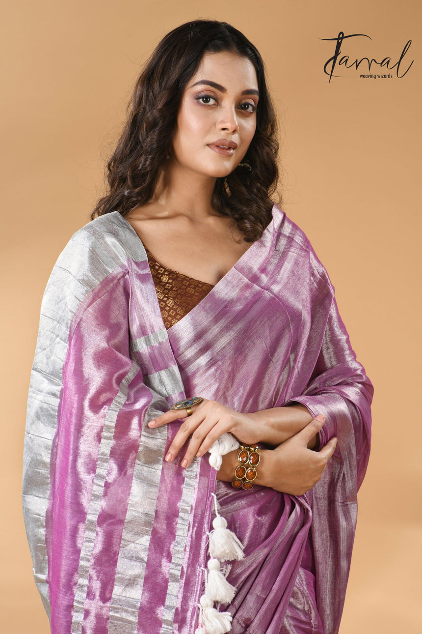 Onion silver tissue handloom saree cls