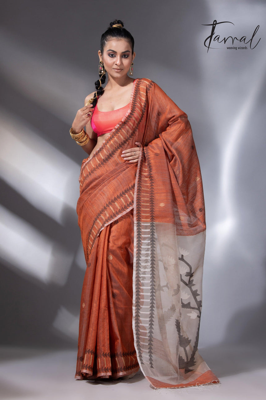 Orange Kalka Motifs Matka Silk Handwoven Jamdani Saree