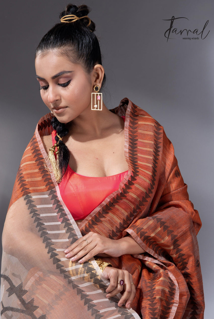 Orange Kalka Motifs Matka Silk Handwoven Jamdani Saree1