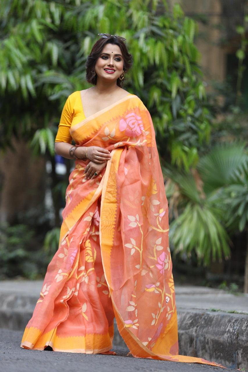 Orange With multicolor all over rose motifs muslin silk handwoven jamdani saree - Tamal Boutique