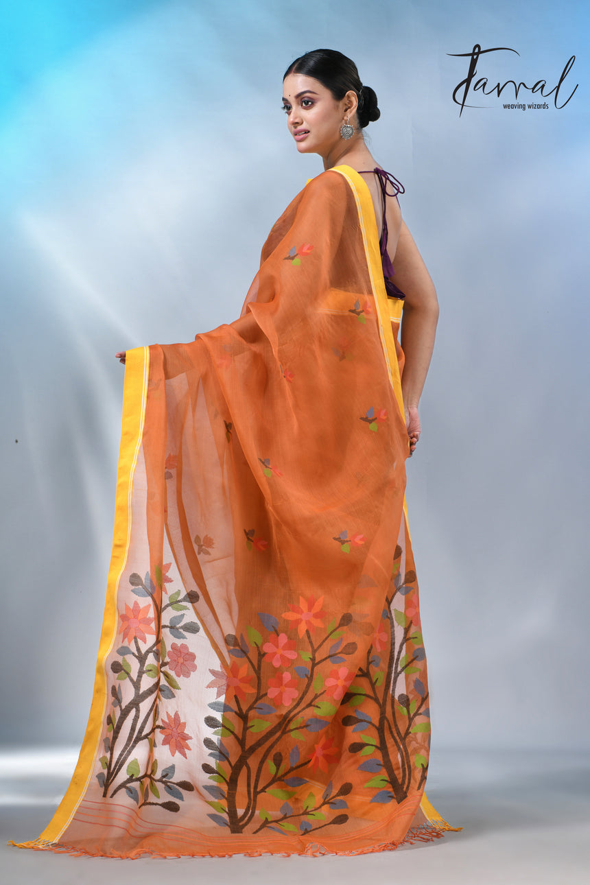 Orange colour muslin silk floral handwoven jamdani saree