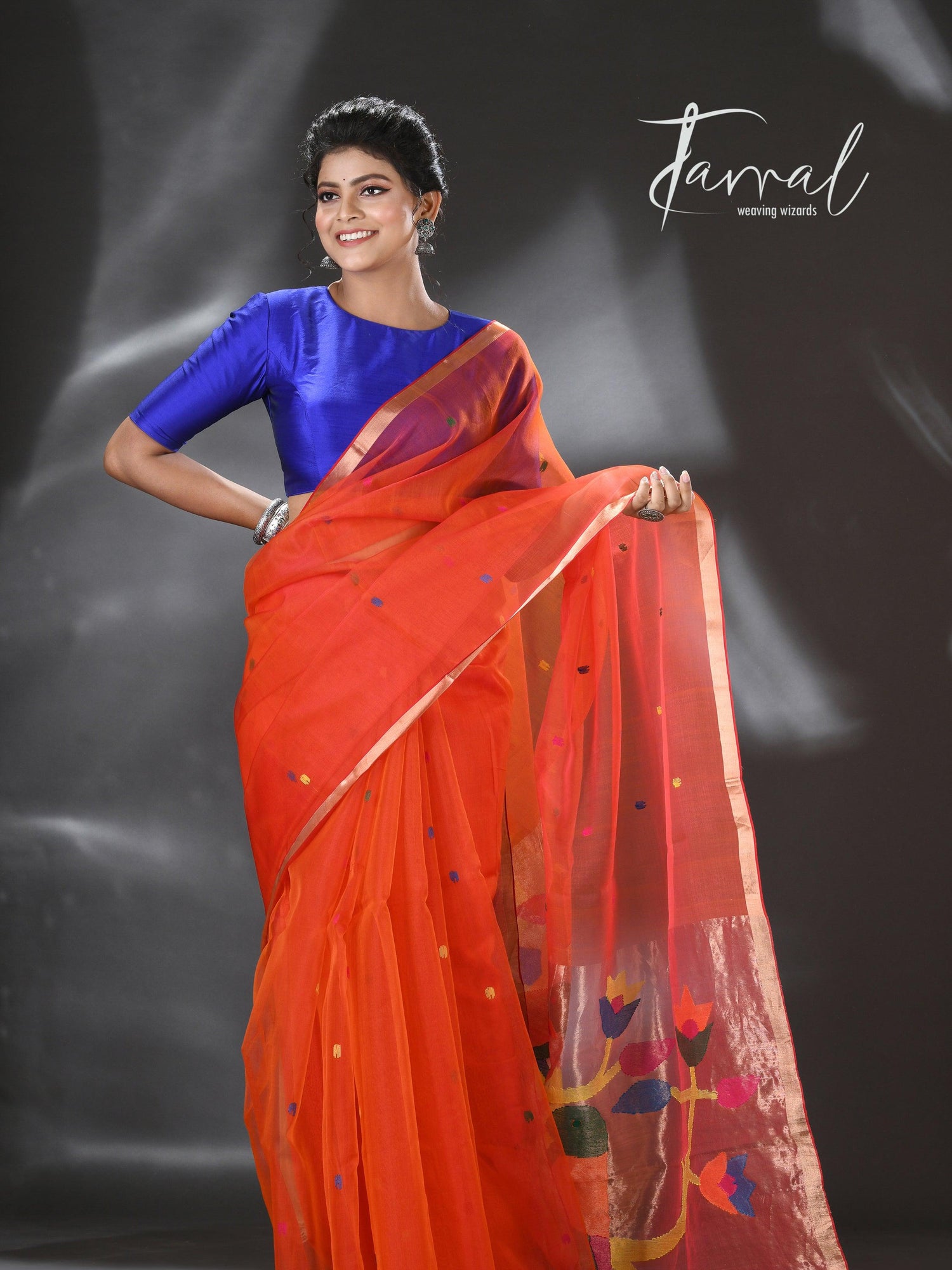Orange organza silk Paithani Handwoven Jamdani saree