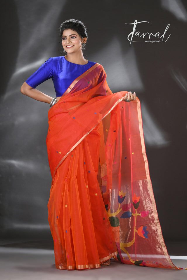 Orange organza silk Paithani Handwoven Jamdani saree