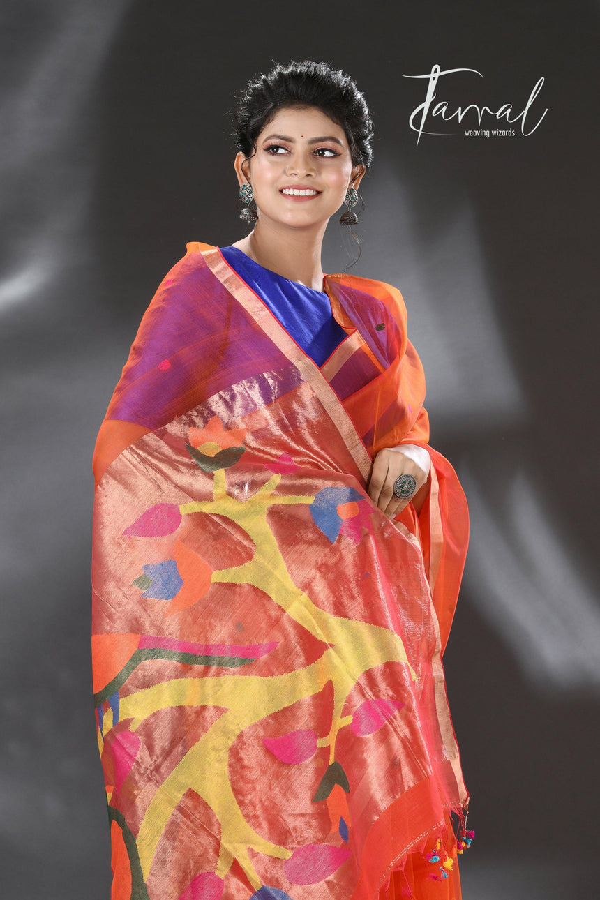 Orange organza silk Paithani Handwoven Jamdani saree full
