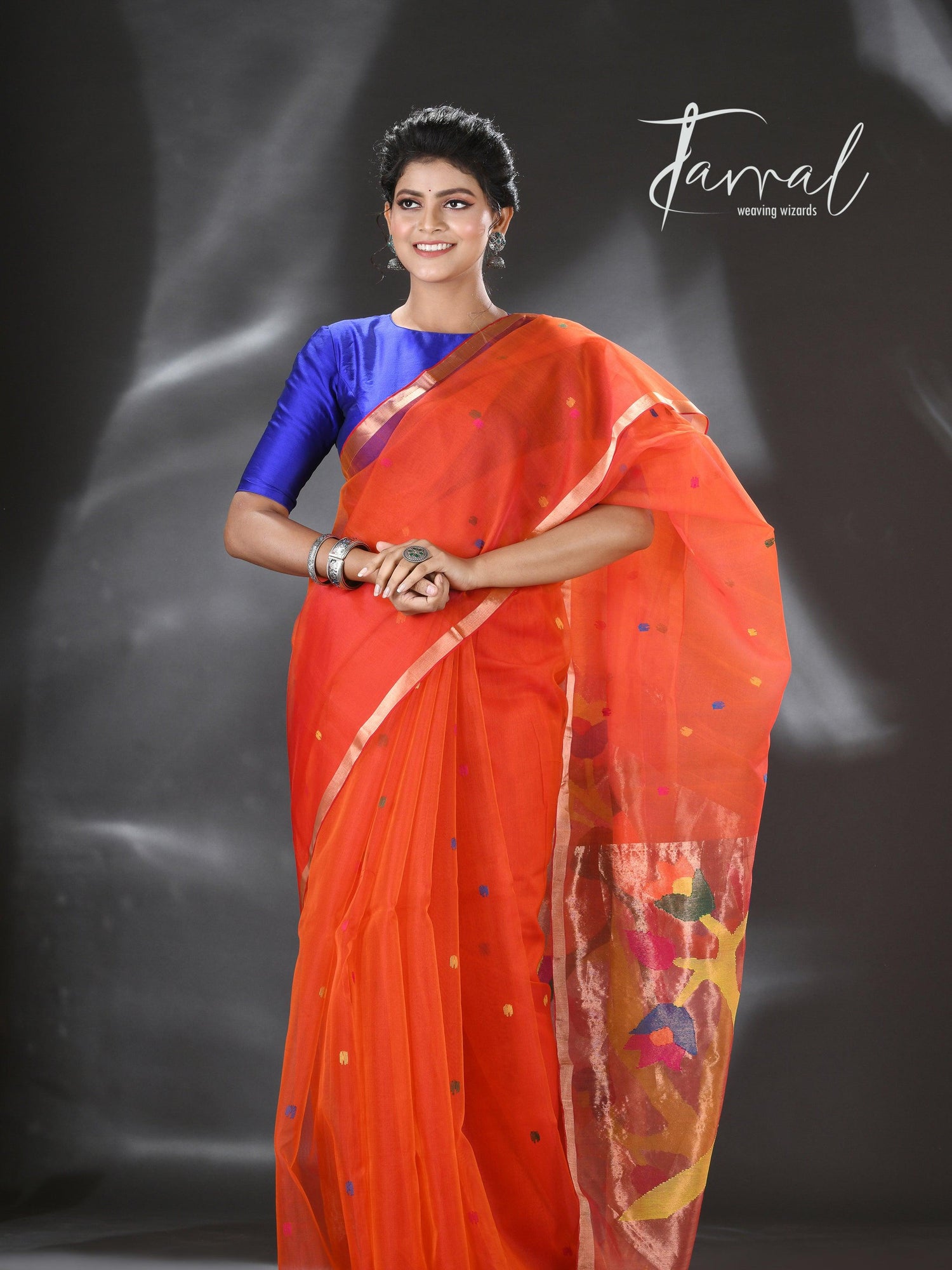 Orange organza silk Paithani Handwoven Jamdani saree full3