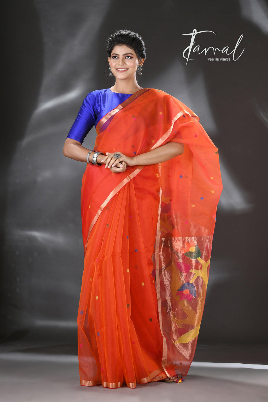 Orange organza silk Paithani Handwoven Jamdani saree full3