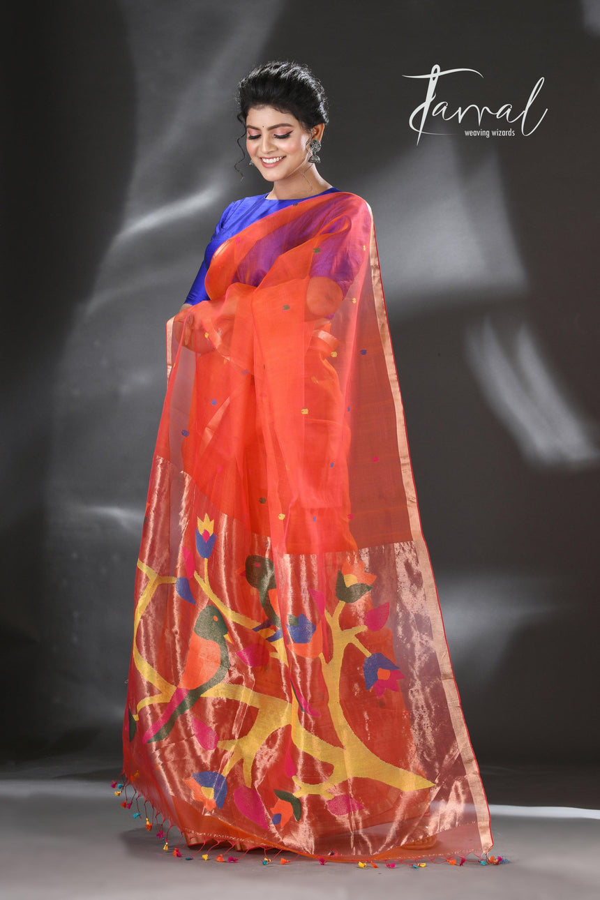 Orange organza silk Paithani Handwoven Jamdani saree full4
