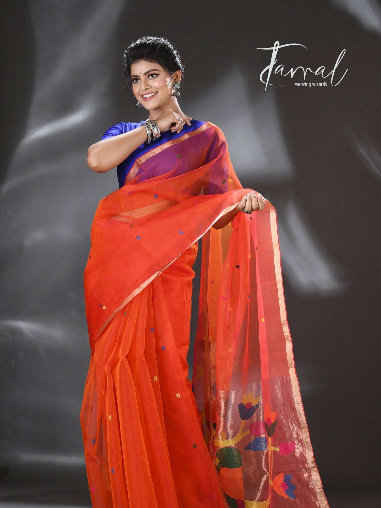 Orange organza silk Paithani Handwoven Jamdani saree full5