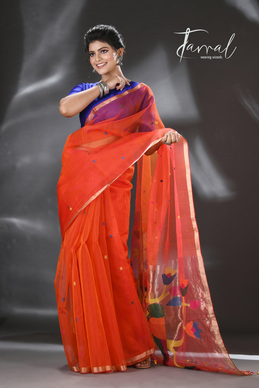 Orange organza silk Paithani Handwoven Jamdani saree full5