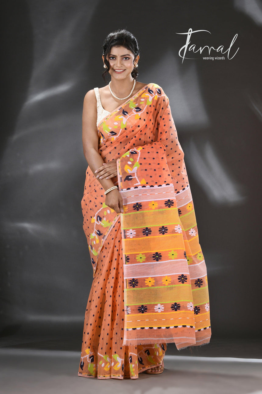 Orange with multicolour floral border handloom dhakai jamdani saree - Tamal Boutique