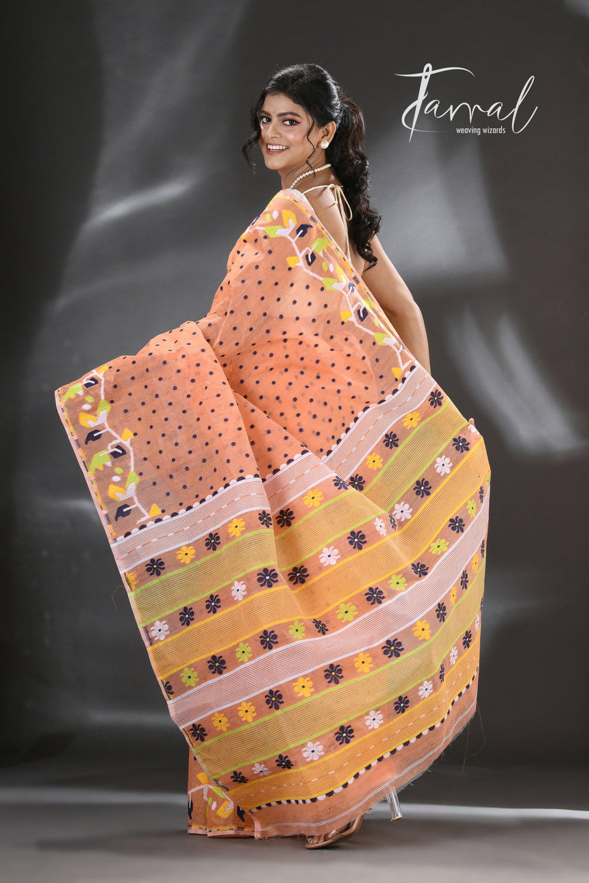 Orange with multicolour floral border handloom dhakai jamdani saree - Tamal Boutique