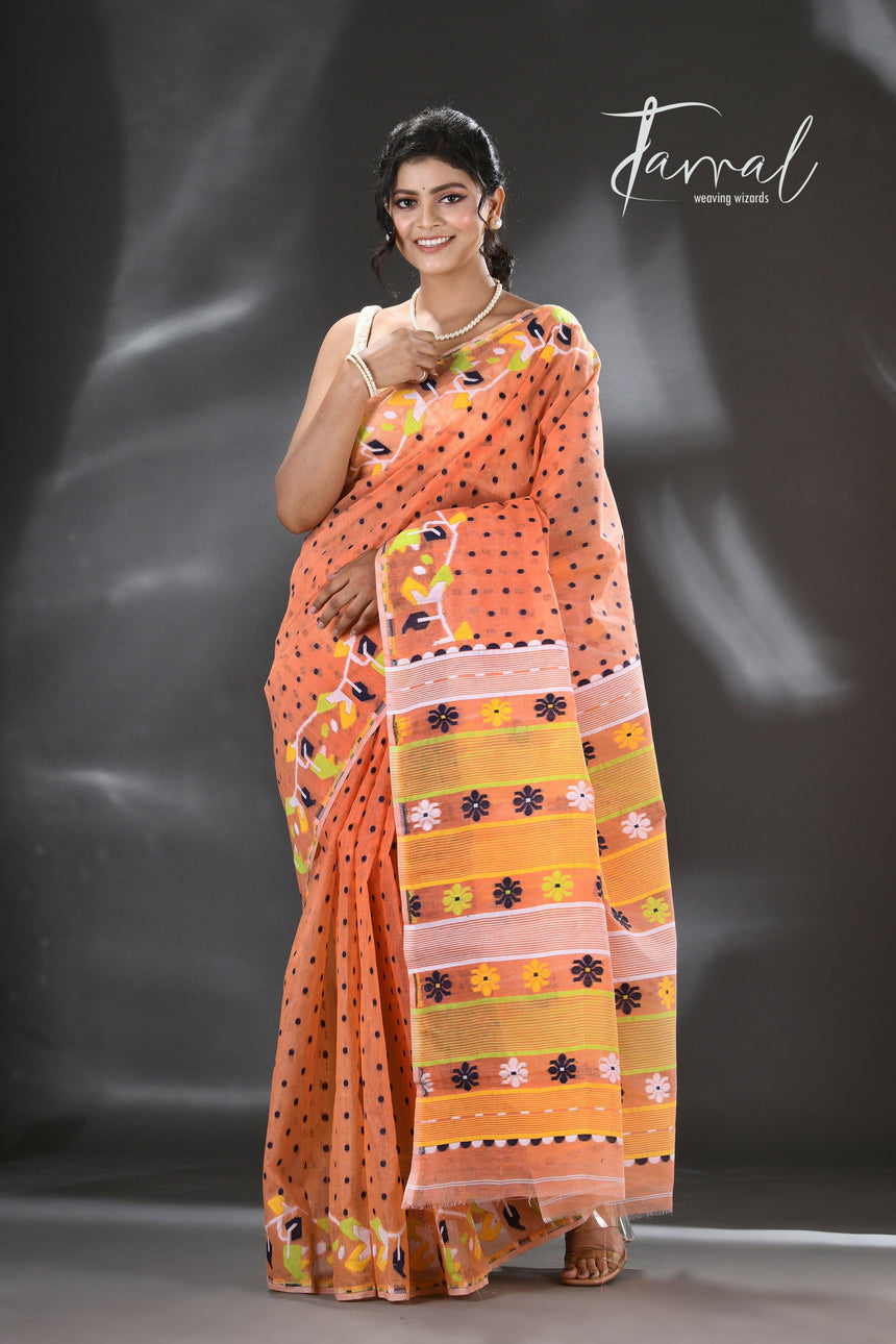 Orange with multicolour floral border handloom dhakai jamdani saree - Tamal Boutique