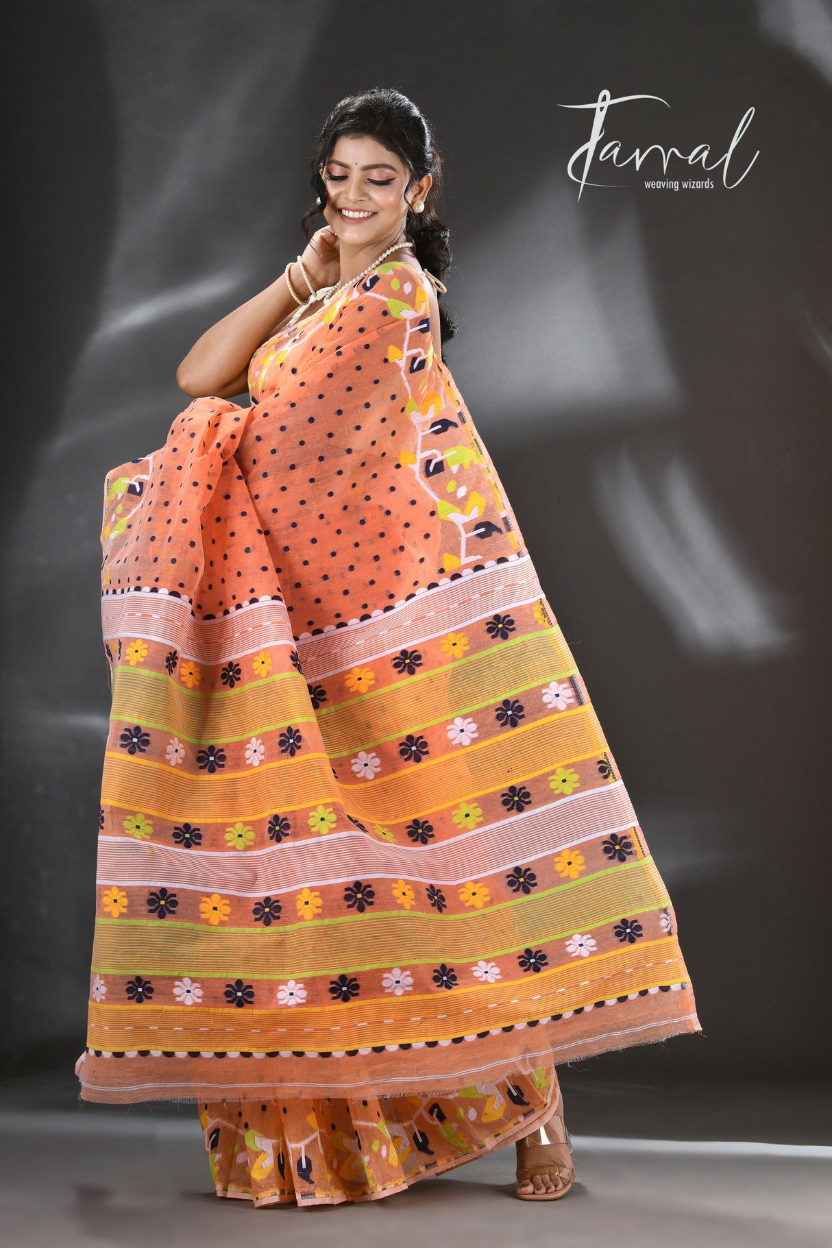 Orange with multicolour floral border handloom dhakai jamdani saree - Tamal Boutique