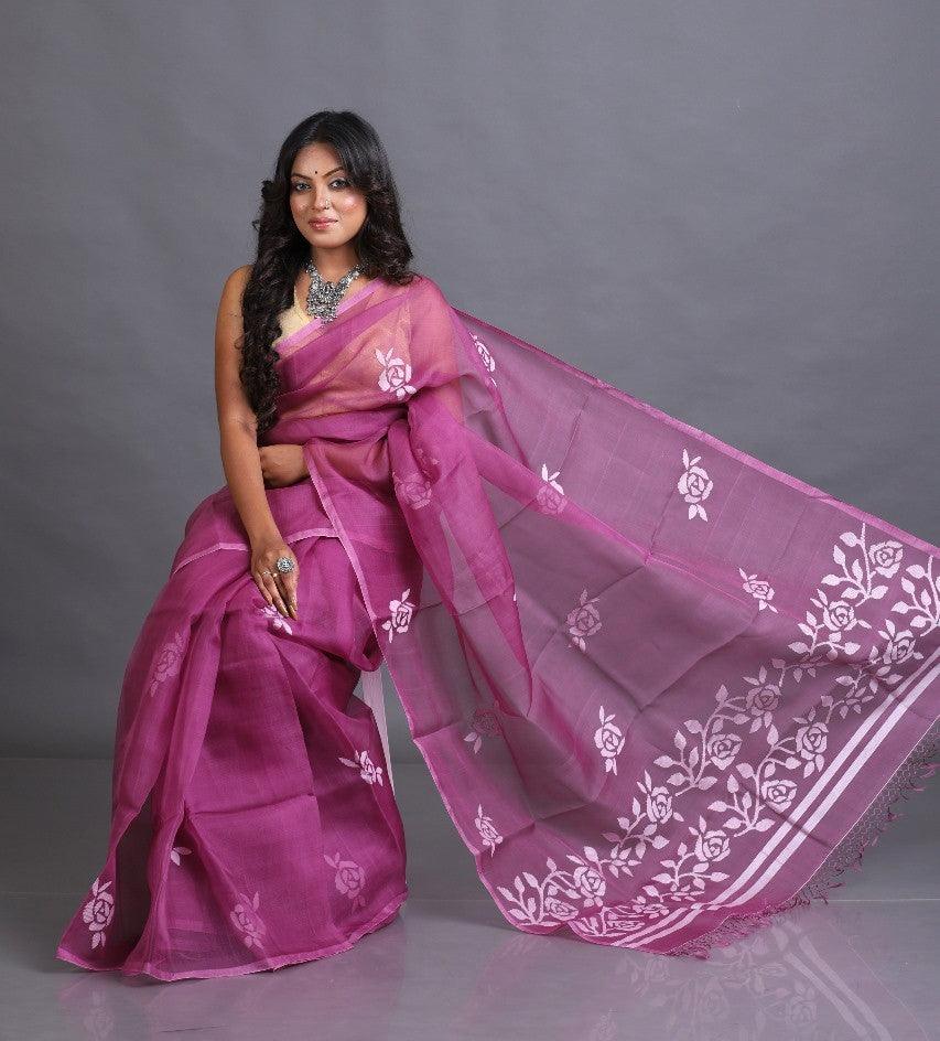 Orchid purple with white rose motifs handwoven muslin silk jamdani saree - Tamal Boutique