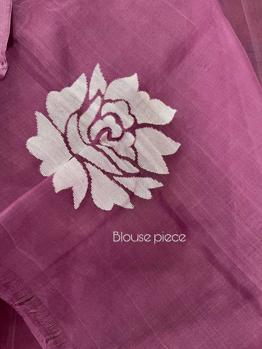 Orchid purple with white rose motifs handwoven muslin silk jamdani saree - Tamal Boutique
