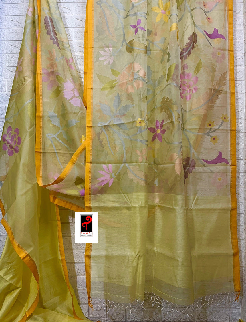 Pale yellow with multi colour muslin silk allover floral handwoven jamdani saree - Tamal Boutique