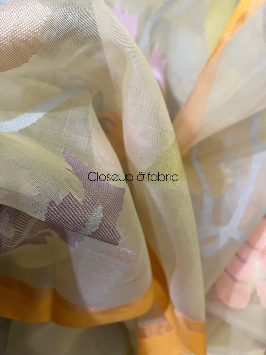 Pale yellow with multi colour muslin silk allover floral handwoven jamdani saree - Tamal Boutique