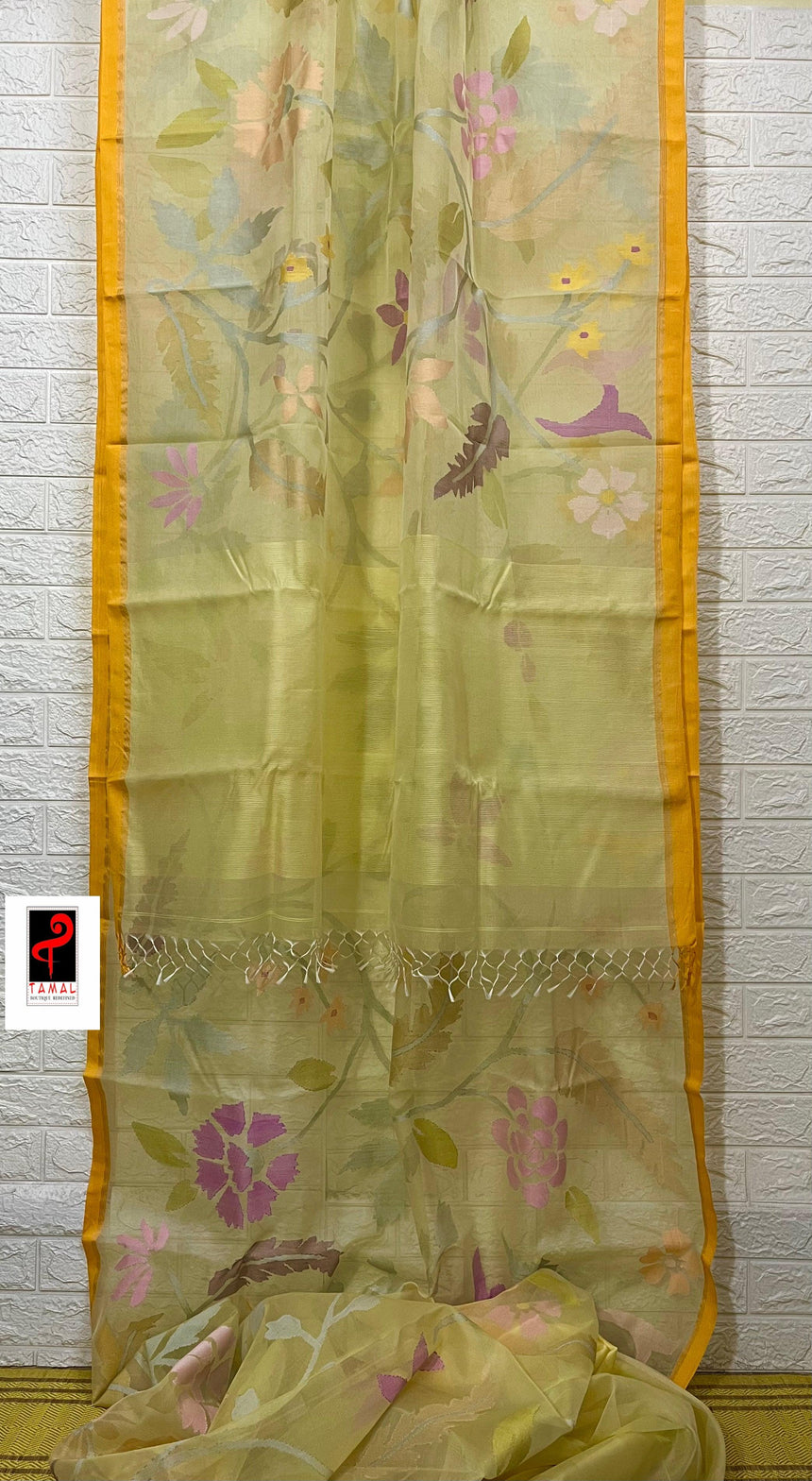 Pale yellow with multi colour muslin silk allover floral handwoven jamdani saree - Tamal Boutique