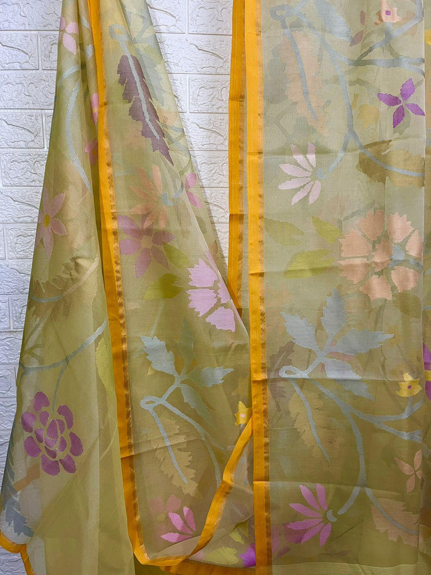 Pale yellow with multi colour muslin silk allover floral handwoven jamdani saree - Tamal Boutique