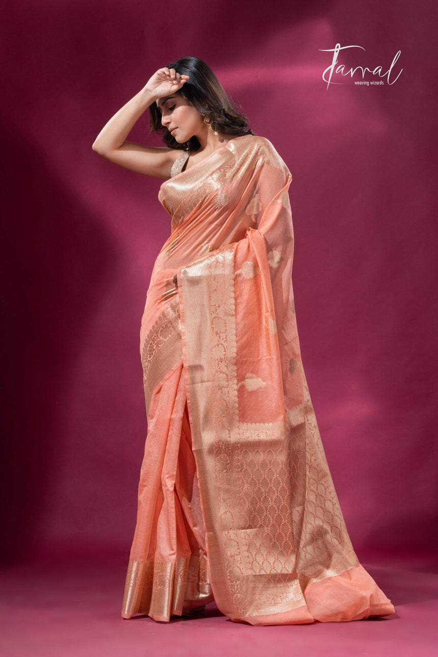 Peach and with golden zari work organza Banarasi silk saree full