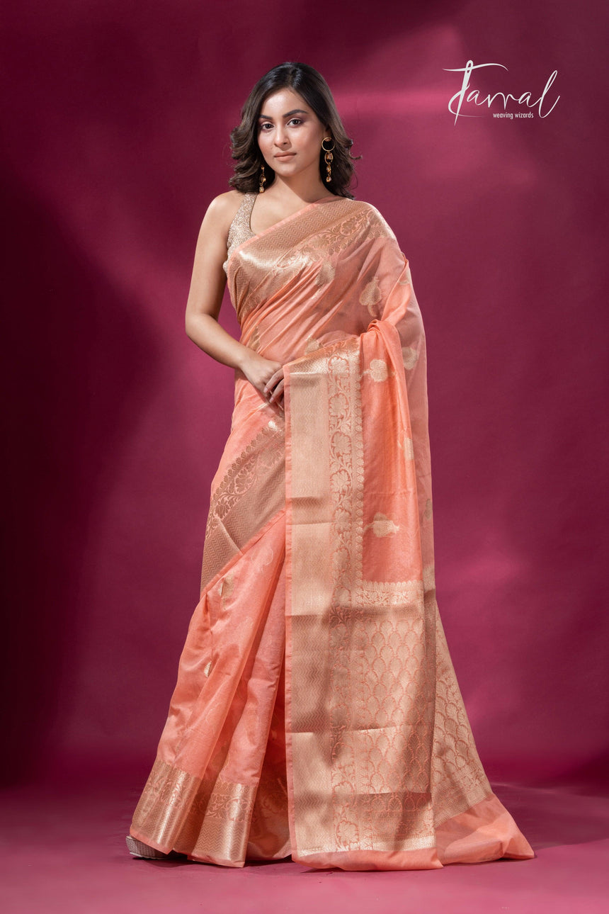Peach and with golden zari work organza Banarasi silk saree full1