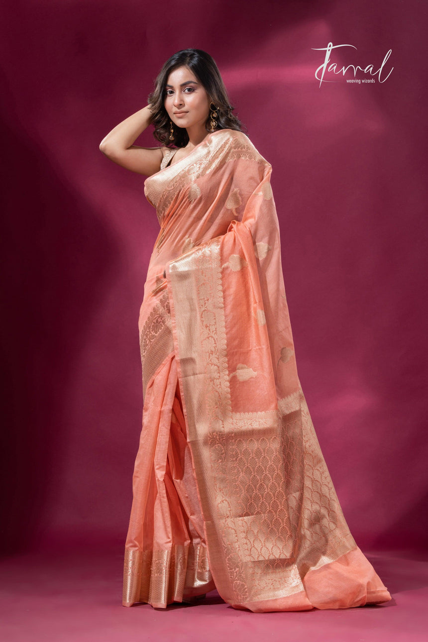 Peach and with golden zari work organza Banarasi silk saree right