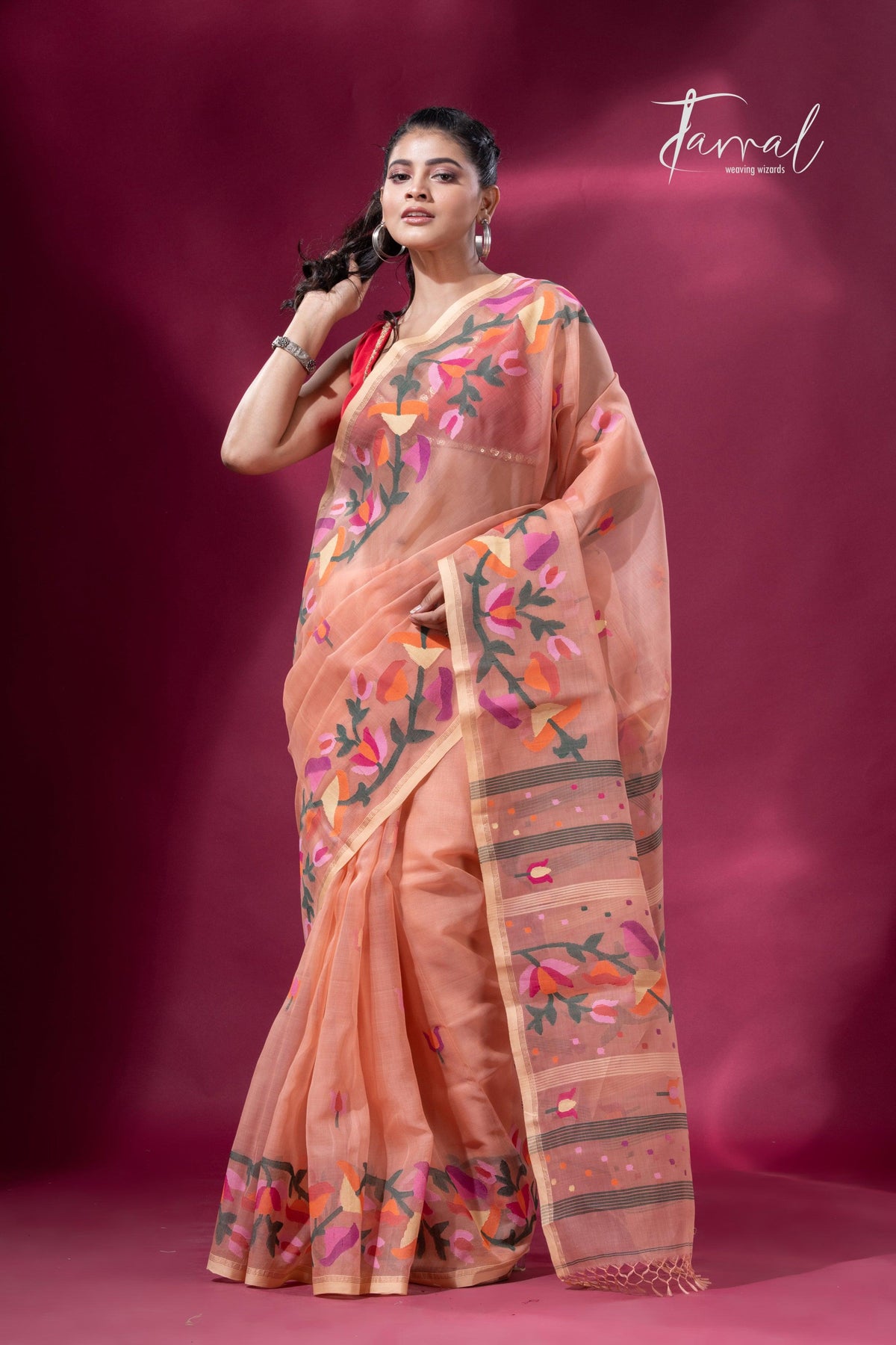 Peach colour kalmilata floral handwoven muslin silk jamdani saree - Tamal Boutique