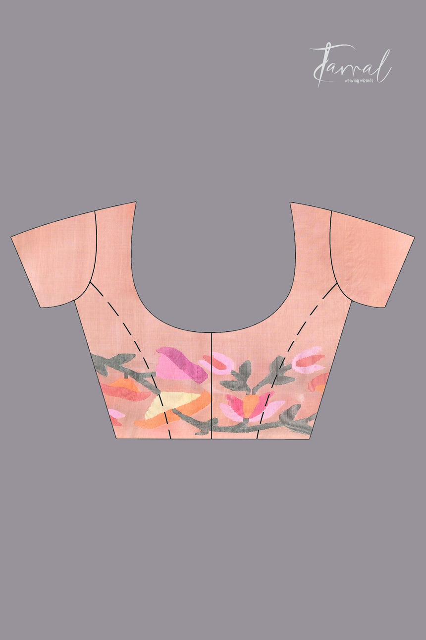 Peach colour kalmilata floral handwoven muslin silk jamdani saree - Tamal Boutique