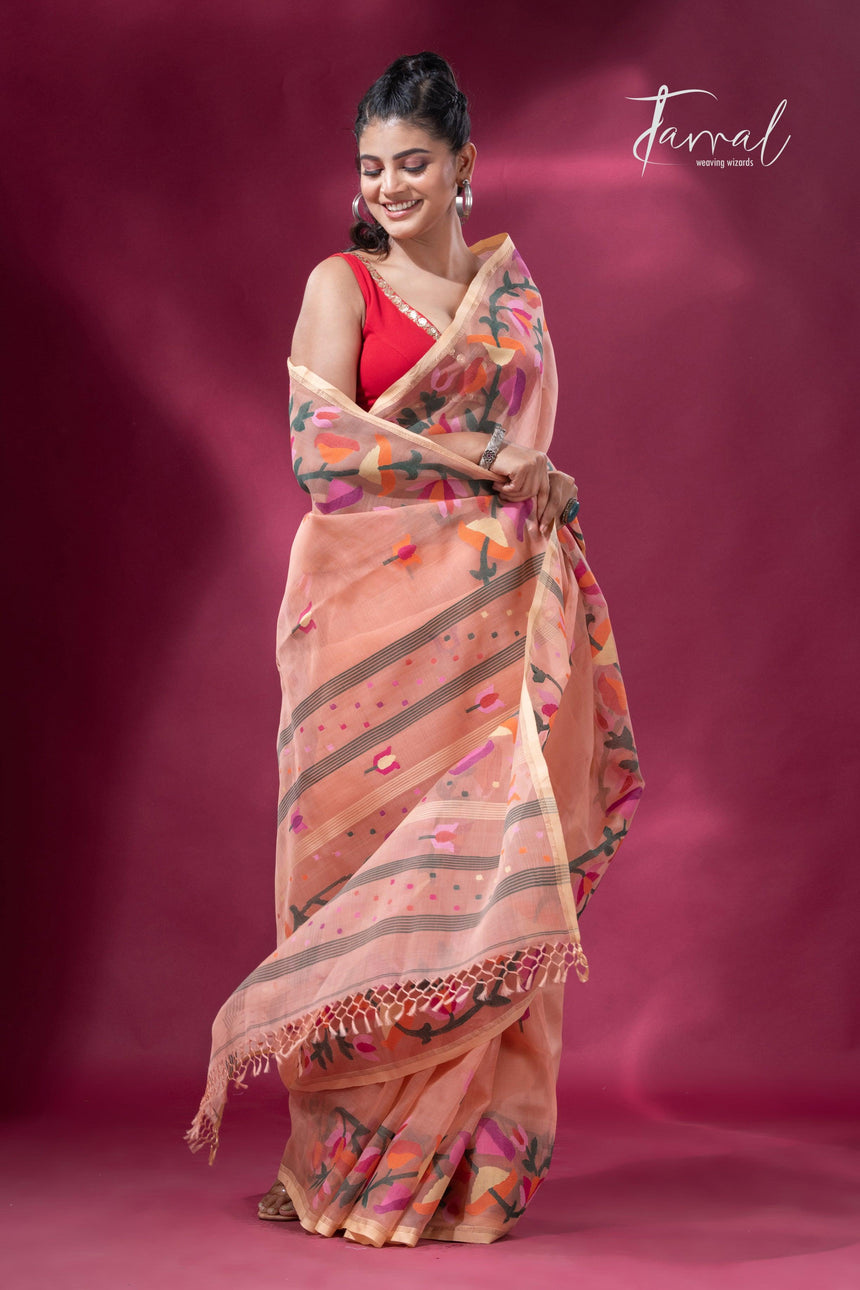 Peach colour kalmilata floral handwoven muslin silk jamdani saree - Tamal Boutique