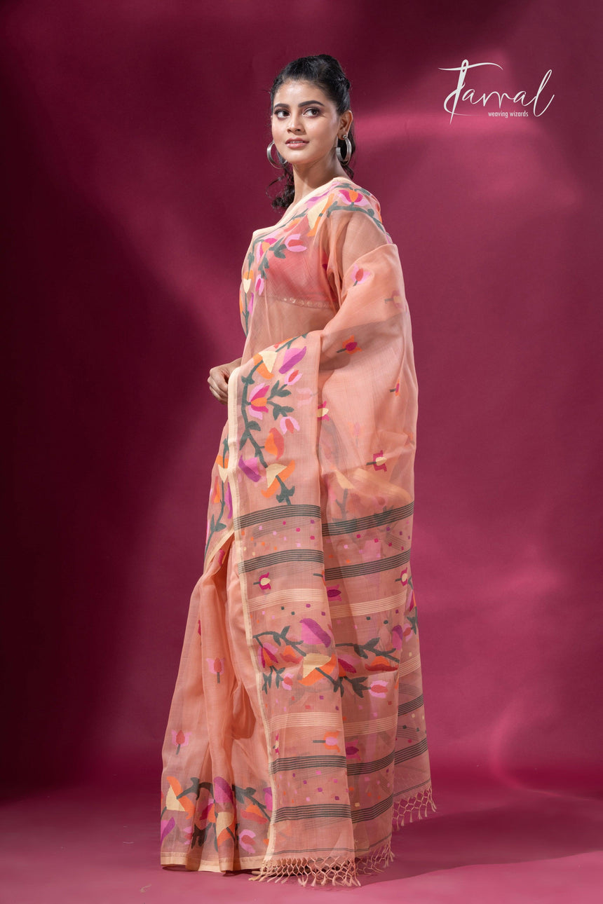 Peach colour kalmilata floral handwoven muslin silk jamdani saree - Tamal Boutique