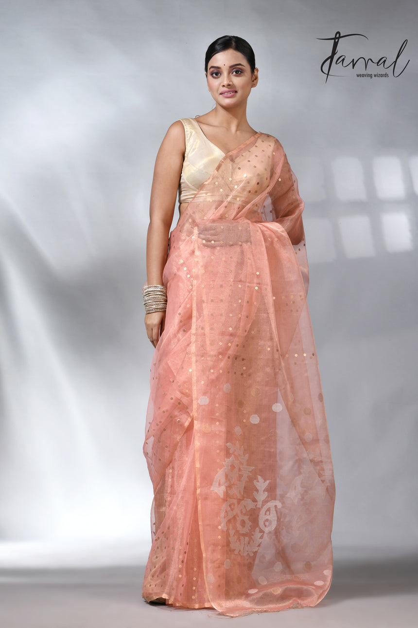 Peach colour sequins tissue muslin handwoven jamdani saree