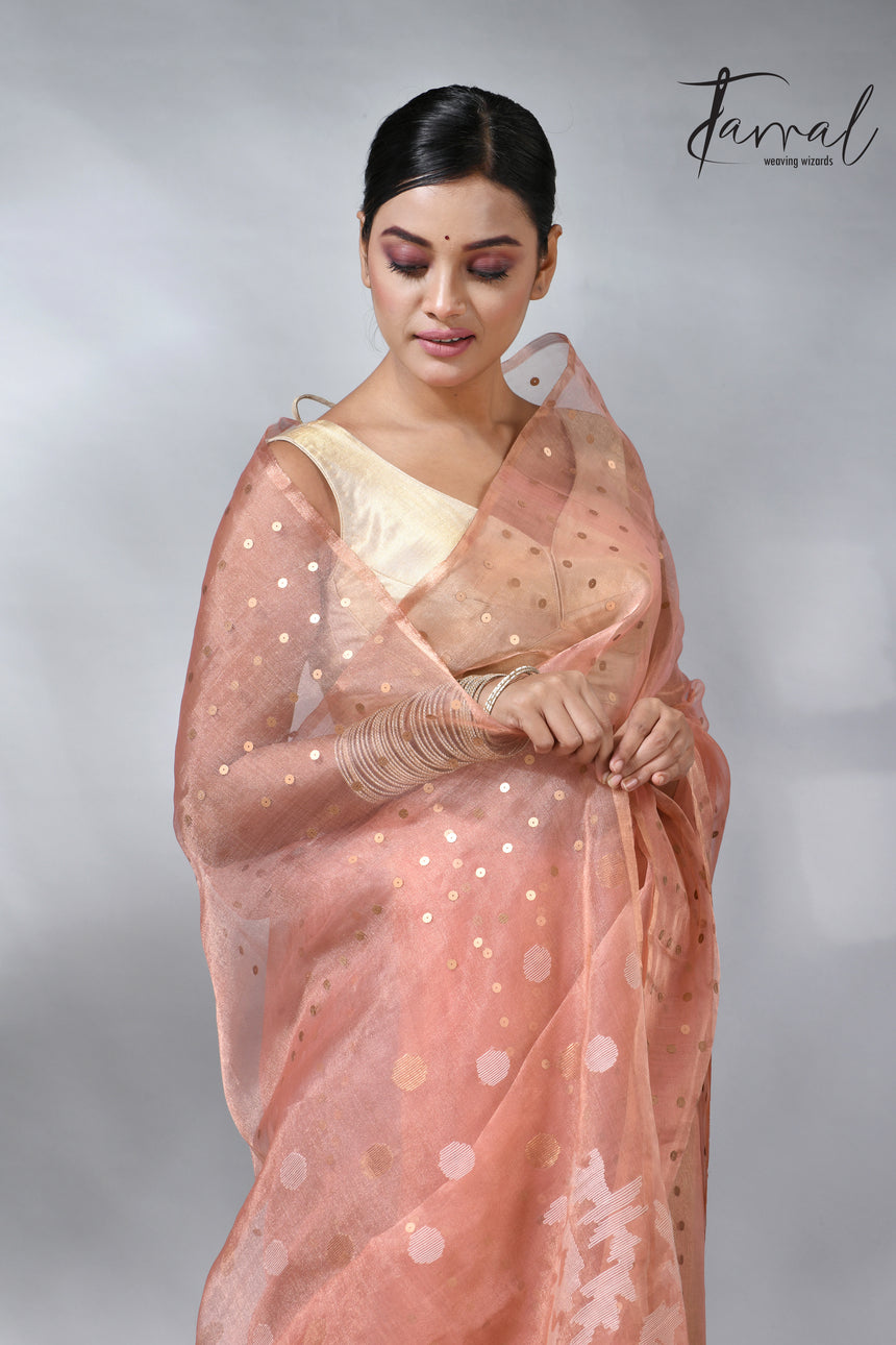Peach colour sequins tissue muslin handwoven jamdani saree
