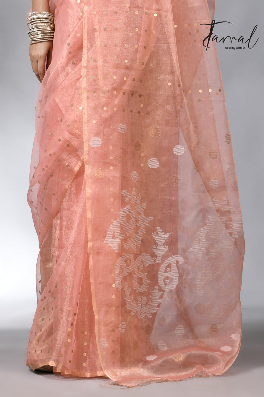 Peach colour sequins tissue muslin handwoven jamdani saree