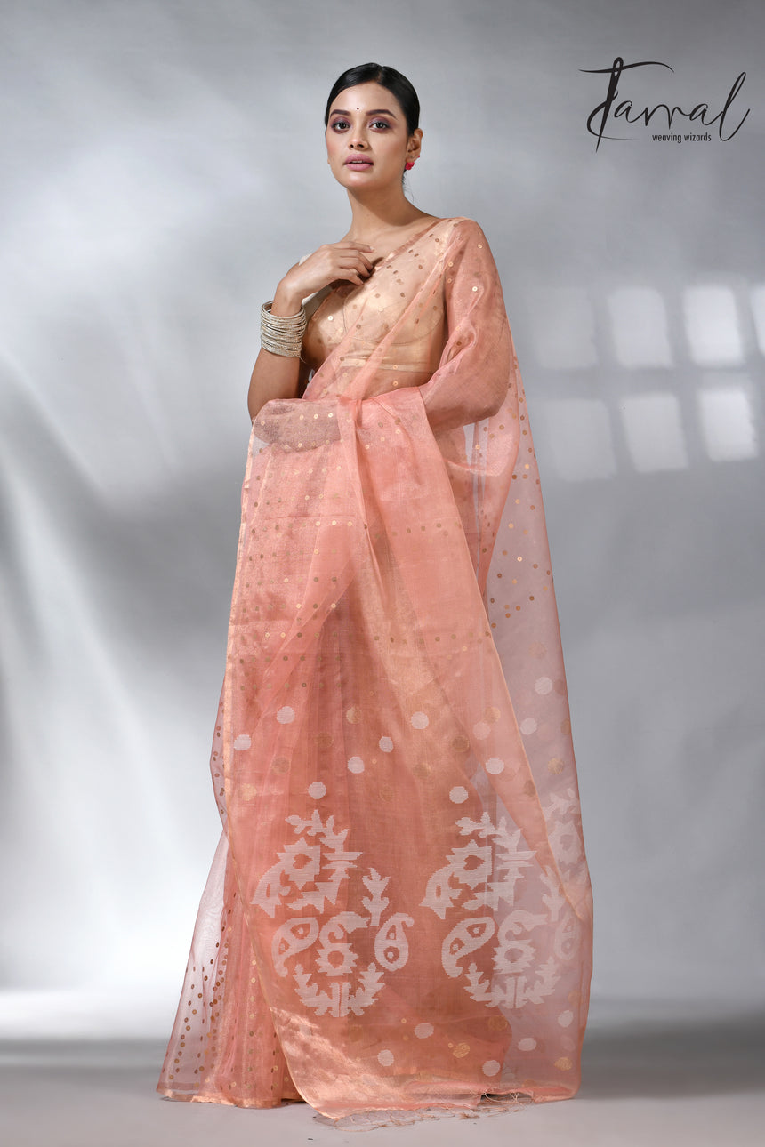 Peach colour sequins tissue muslin handwoven jamdani saree