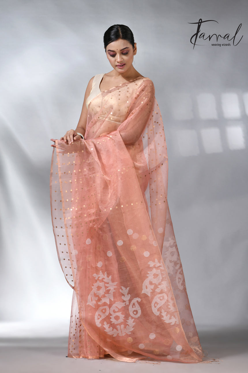 Peach colour sequins tissue muslin handwoven jamdani saree