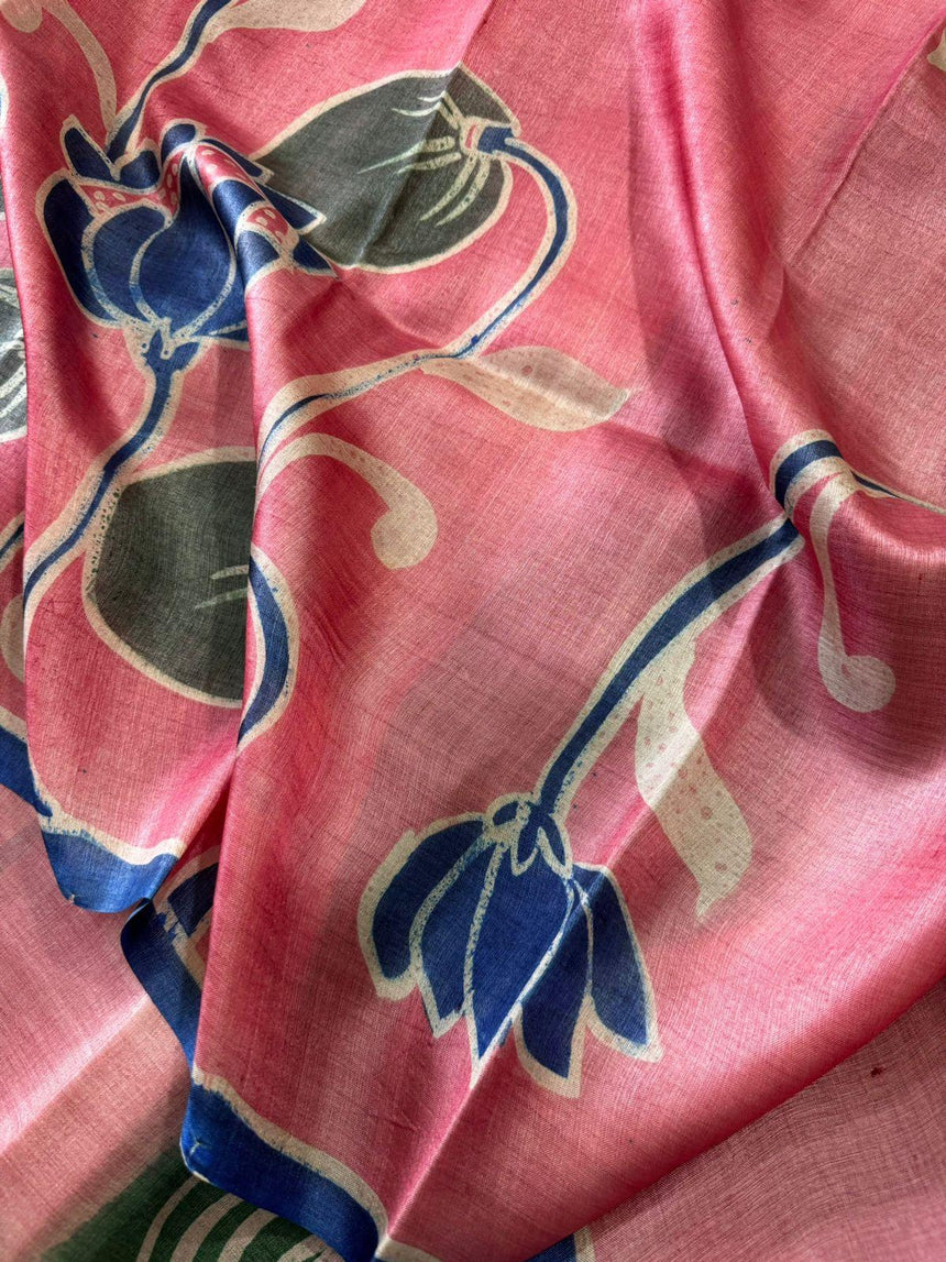 Peach with Green border & lotus design Tusser Batik Sik saree