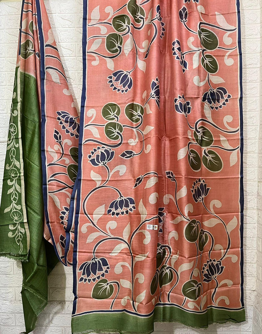 Peach with blue border lotus hand painted tussar silk saree - Tamal Boutique