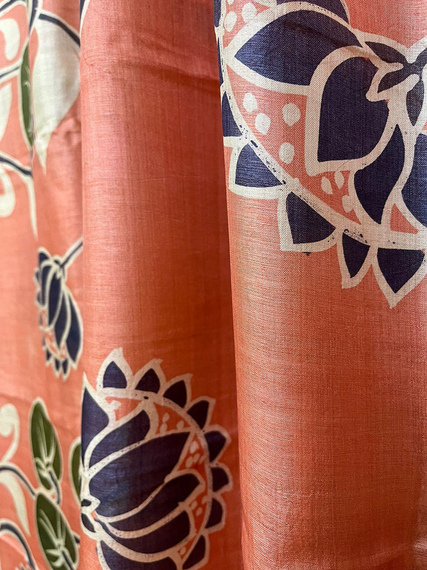 Peach with blue border lotus hand painted tussar silk saree - Tamal Boutique